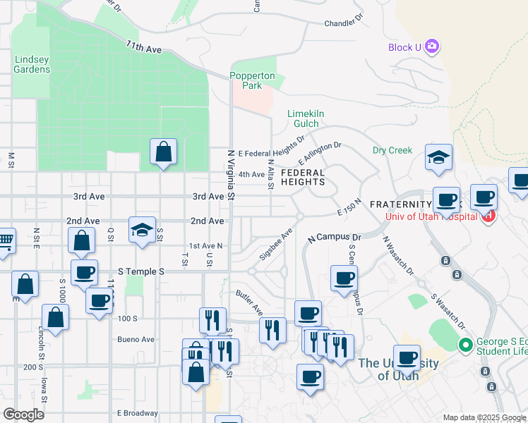 map of restaurants, bars, coffee shops, grocery stores, and more near 1315 East 2nd Avenue in Salt Lake City