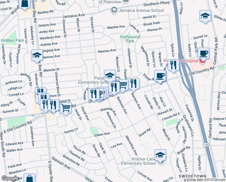 map of restaurants, bars, coffee shops, grocery stores, and more near 628 Old Country Road in Plainview