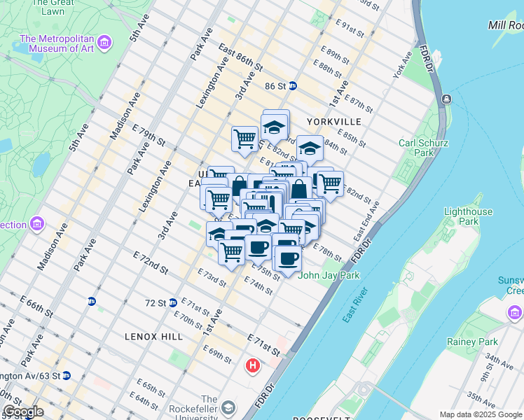 map of restaurants, bars, coffee shops, grocery stores, and more near 353 East 78th Street in New York