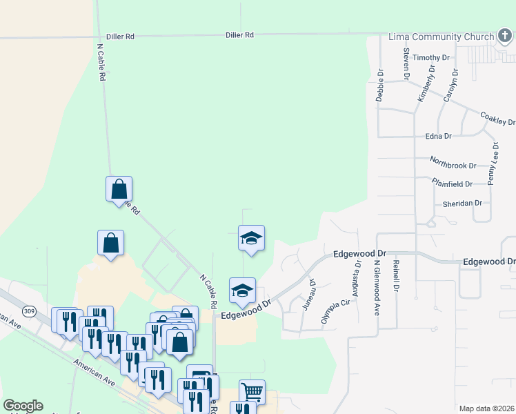 map of restaurants, bars, coffee shops, grocery stores, and more near 2440 Baton Rouge Avenue in Lima