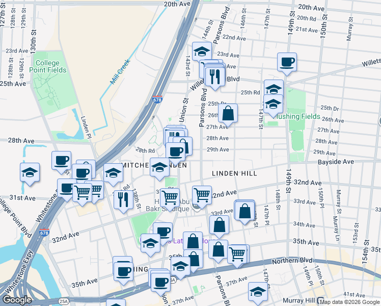 map of restaurants, bars, coffee shops, grocery stores, and more near 143-04 29th Road in Queens