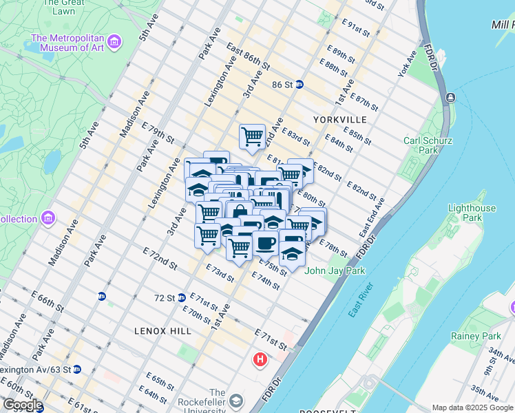 map of restaurants, bars, coffee shops, grocery stores, and more near 330 East 78th Street in New York