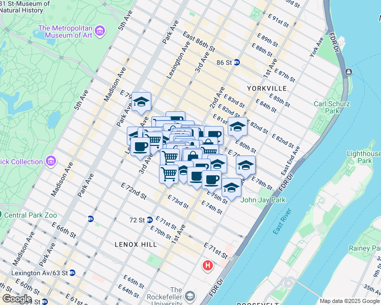 map of restaurants, bars, coffee shops, grocery stores, and more near 1484 2nd Avenue in New York