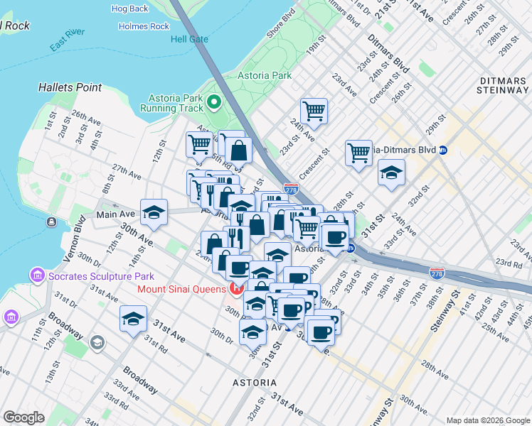map of restaurants, bars, coffee shops, grocery stores, and more near in Queens