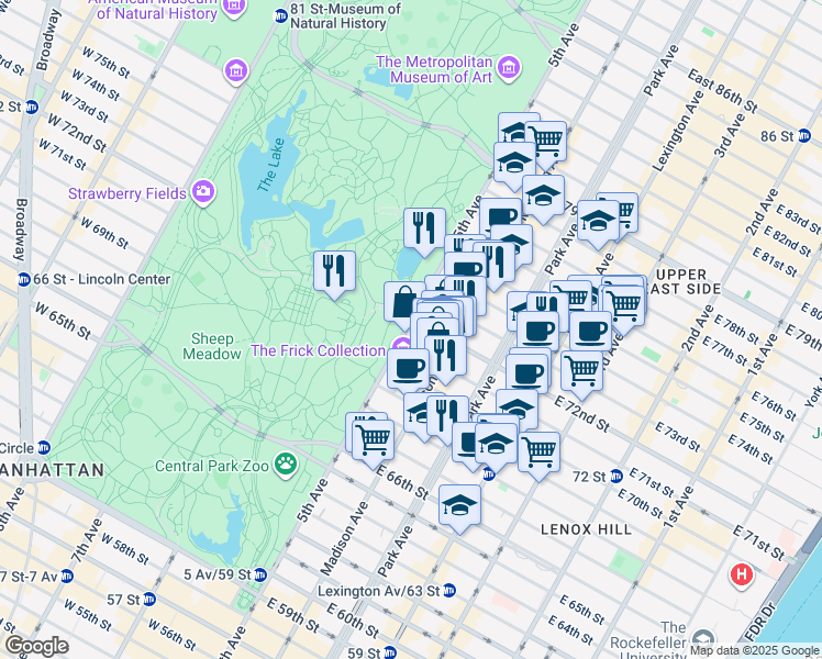map of restaurants, bars, coffee shops, grocery stores, and more near 33 East 71st Street in New York