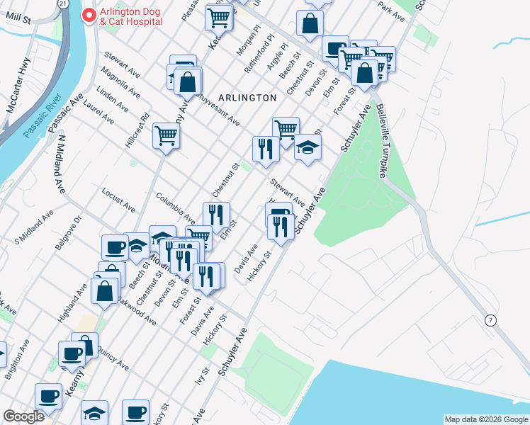 map of restaurants, bars, coffee shops, grocery stores, and more near 255 Laurel Avenue in Kearny