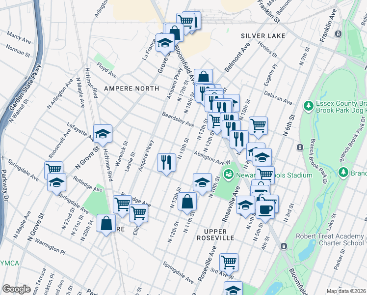 map of restaurants, bars, coffee shops, grocery stores, and more near North 15th Street in Essex County