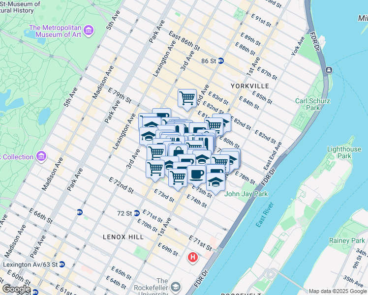 map of restaurants, bars, coffee shops, grocery stores, and more near 314 East 78th Street in New York