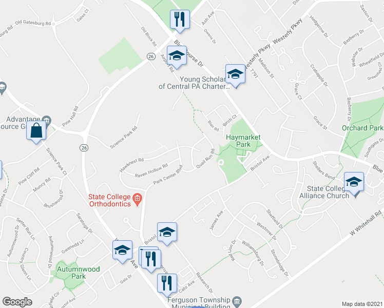 map of restaurants, bars, coffee shops, grocery stores, and more near Falconpointe Dr in Centre