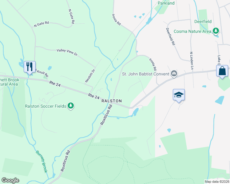 map of restaurants, bars, coffee shops, grocery stores, and more near 7 Roxiticus Road in Mendham