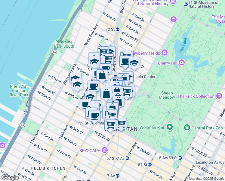 map of restaurants, bars, coffee shops, grocery stores, and more near 77 Columbus Avenue in New York
