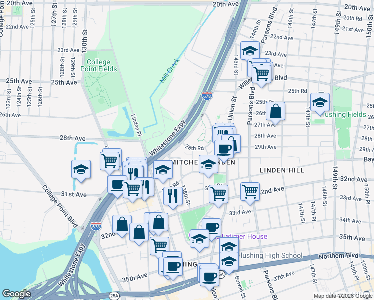 map of restaurants, bars, coffee shops, grocery stores, and more near 29-08 139th Street in Queens