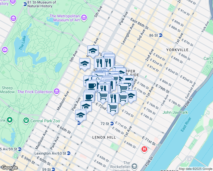 map of restaurants, bars, coffee shops, grocery stores, and more near 161 East 74th Street in New York