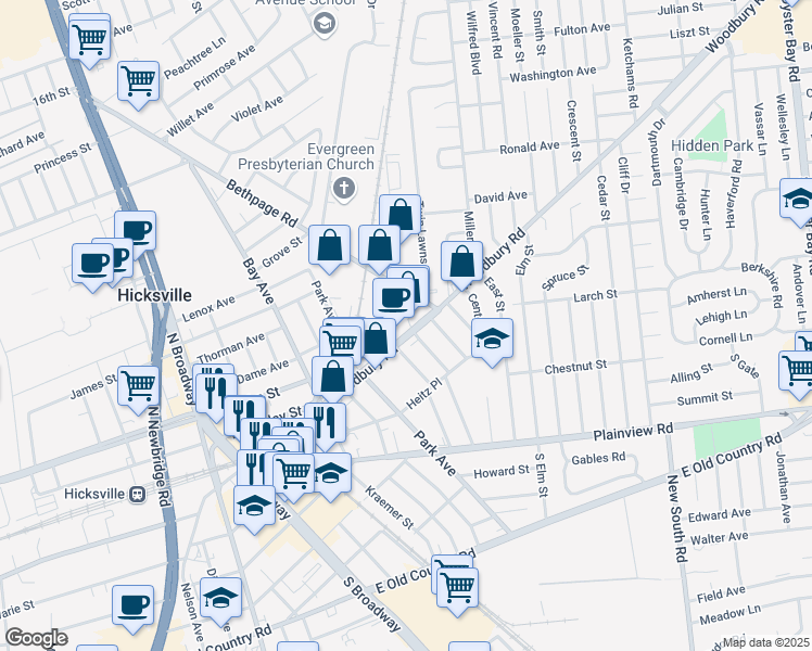 map of restaurants, bars, coffee shops, grocery stores, and more near 117 Harding Avenue in Hicksville