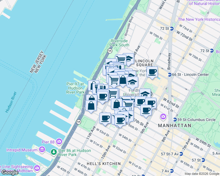 map of restaurants, bars, coffee shops, grocery stores, and more near 1 West End Avenue in New York