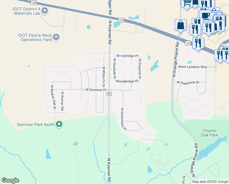 map of restaurants, bars, coffee shops, grocery stores, and more near 6815 Greenwich Place in Peoria