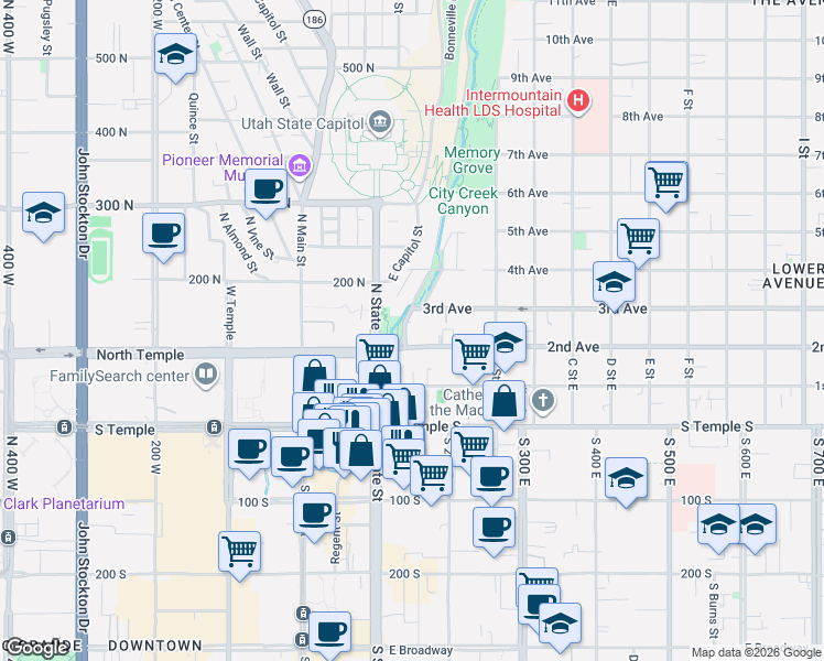 map of restaurants, bars, coffee shops, grocery stores, and more near 123 East 2nd Avenue in Salt Lake City