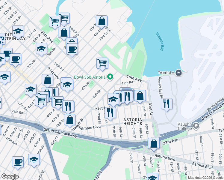 map of restaurants, bars, coffee shops, grocery stores, and more near 19-69 Hazen Street in Queens