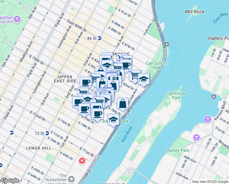map of restaurants, bars, coffee shops, grocery stores, and more near 1520 York Avenue in New York