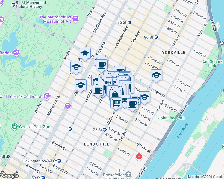 map of restaurants, bars, coffee shops, grocery stores, and more near 209 East 76th Street in New York