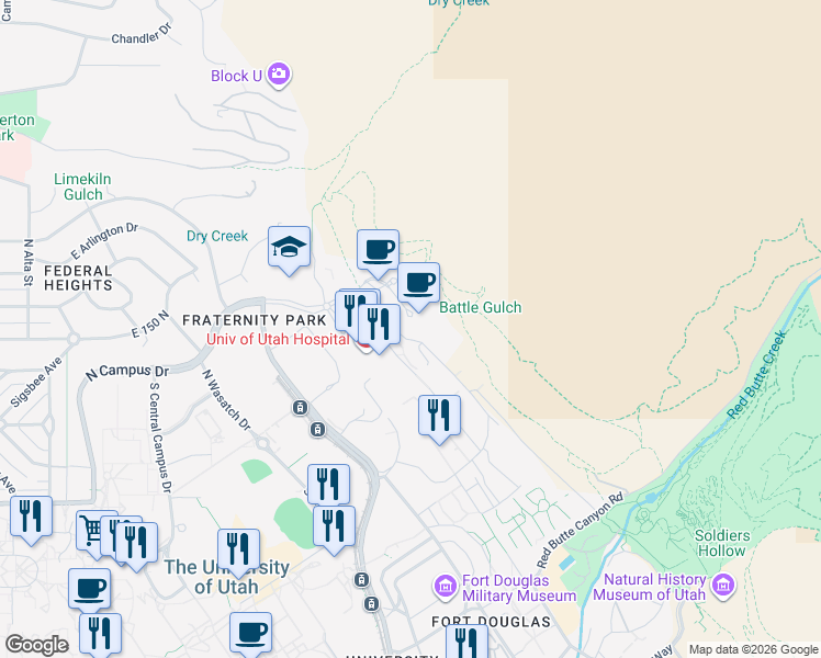 map of restaurants, bars, coffee shops, grocery stores, and more near 30 North 1900 East in Salt Lake City