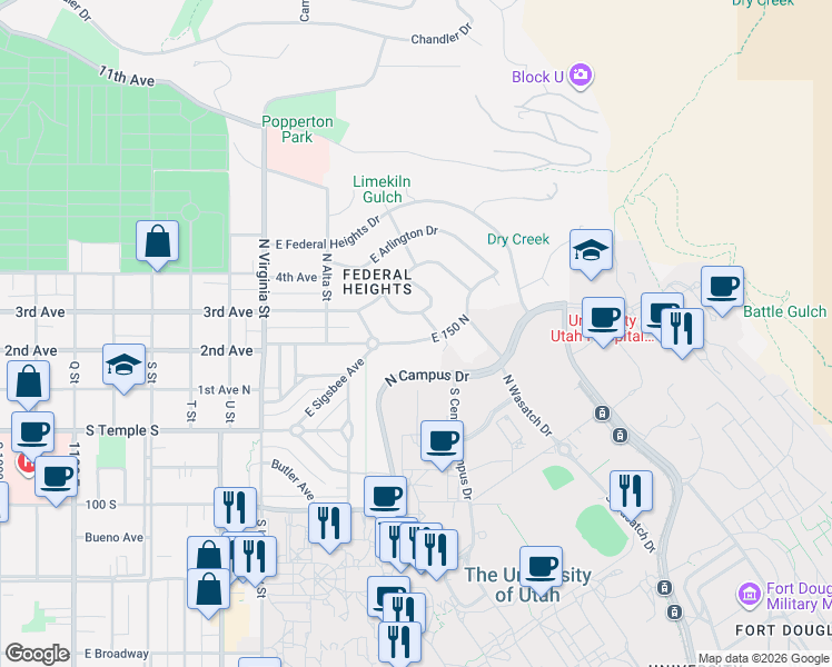 map of restaurants, bars, coffee shops, grocery stores, and more near 1470 Military Way in Salt Lake City