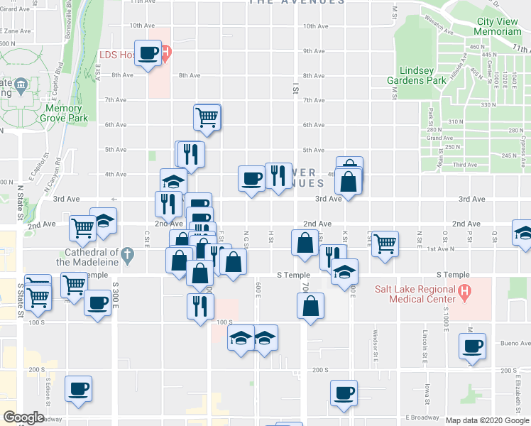 map of restaurants, bars, coffee shops, grocery stores, and more near 89 H Street in Salt Lake City