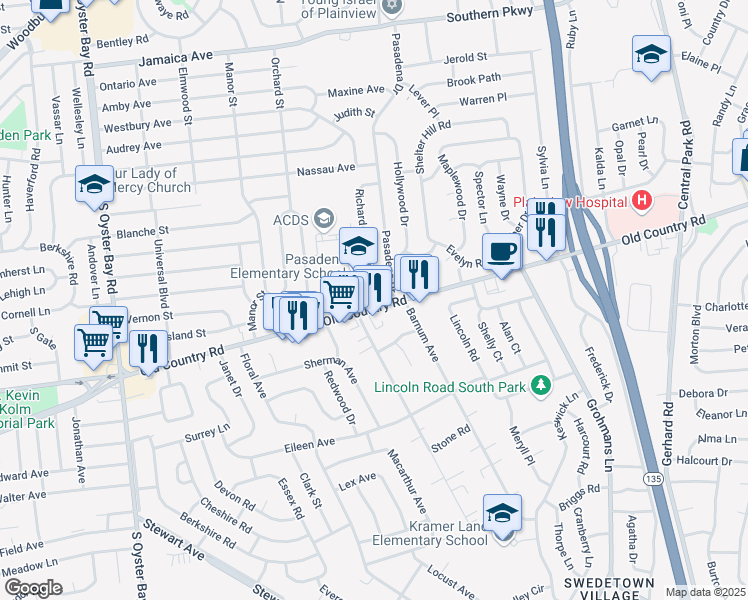 map of restaurants, bars, coffee shops, grocery stores, and more near 635 Old Country Road in Plainview