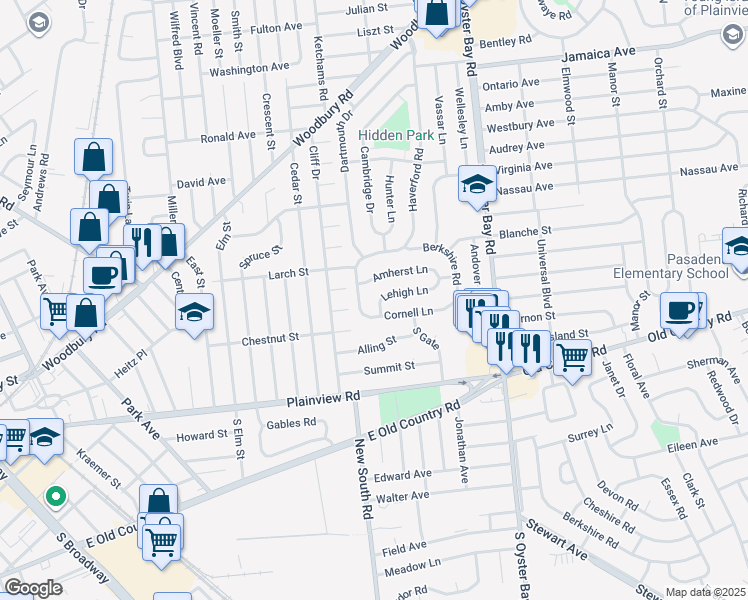 map of restaurants, bars, coffee shops, grocery stores, and more near 74 Cornell Lane in Hicksville