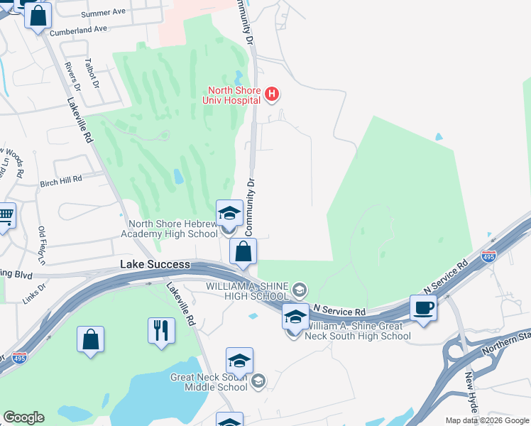 map of restaurants, bars, coffee shops, grocery stores, and more near 600 Community Drive in Manhasset