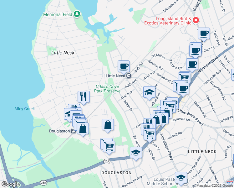 map of restaurants, bars, coffee shops, grocery stores, and more near 247-06 41st Avenue in Queens