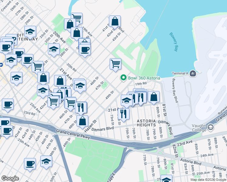 map of restaurants, bars, coffee shops, grocery stores, and more near 20-20 Hazen Street in Queens