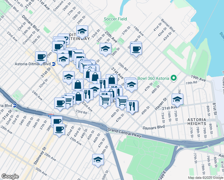 map of restaurants, bars, coffee shops, grocery stores, and more near in Queens