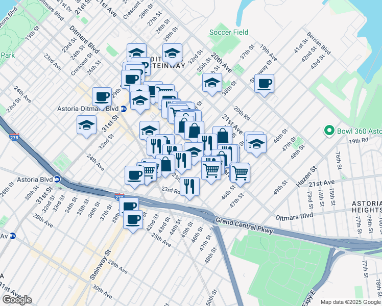 map of restaurants, bars, coffee shops, grocery stores, and more near 22-42 41st Street in Queens