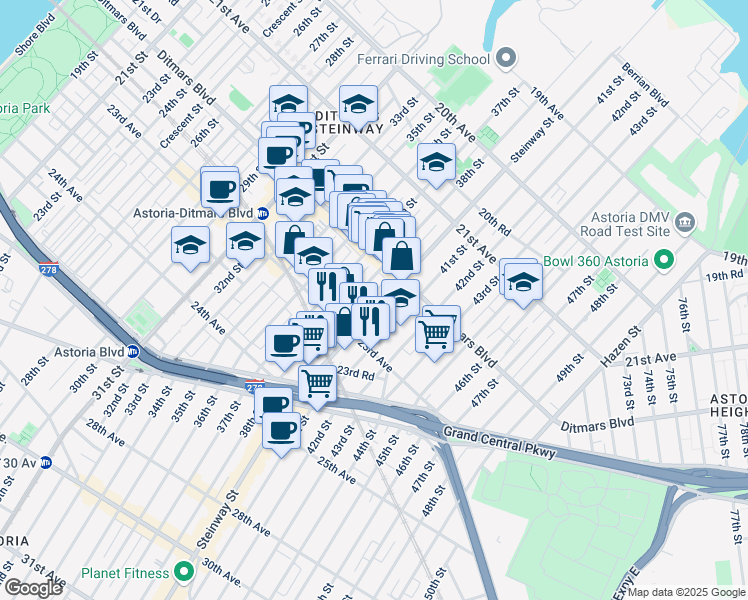 map of restaurants, bars, coffee shops, grocery stores, and more near 22-70 Steinway Street in Queens