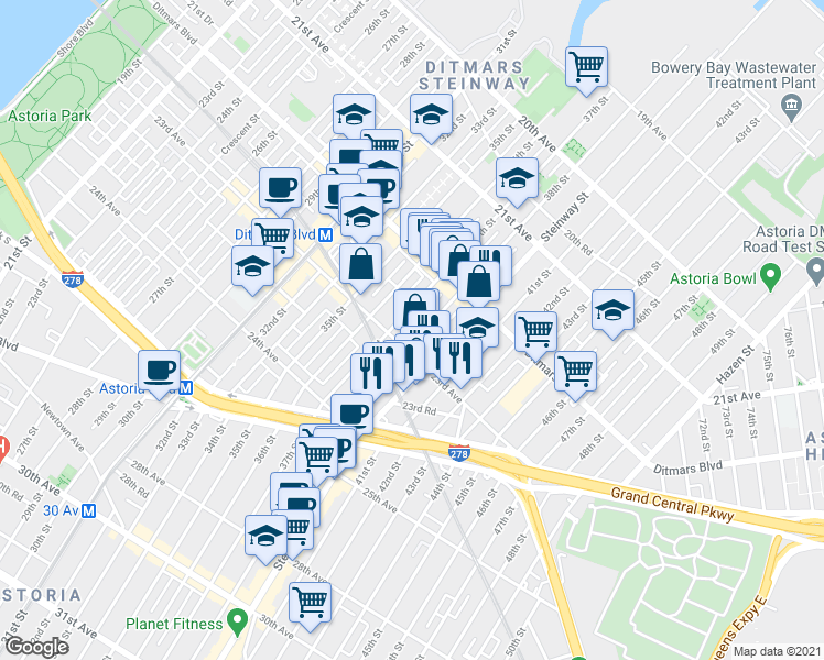 map of restaurants, bars, coffee shops, grocery stores, and more near 22-70 Steinway Street in Queens