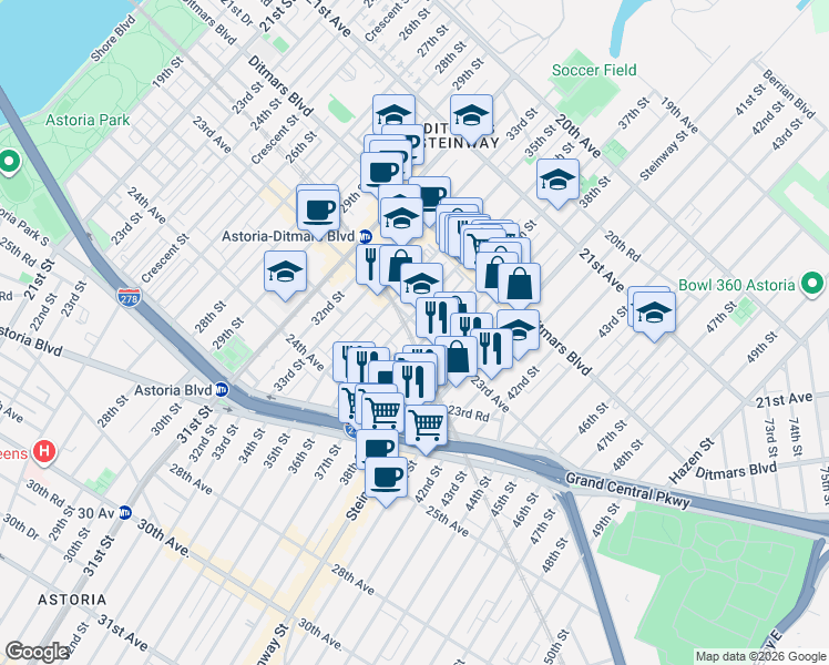map of restaurants, bars, coffee shops, grocery stores, and more near 23-12 38th Street in Queens