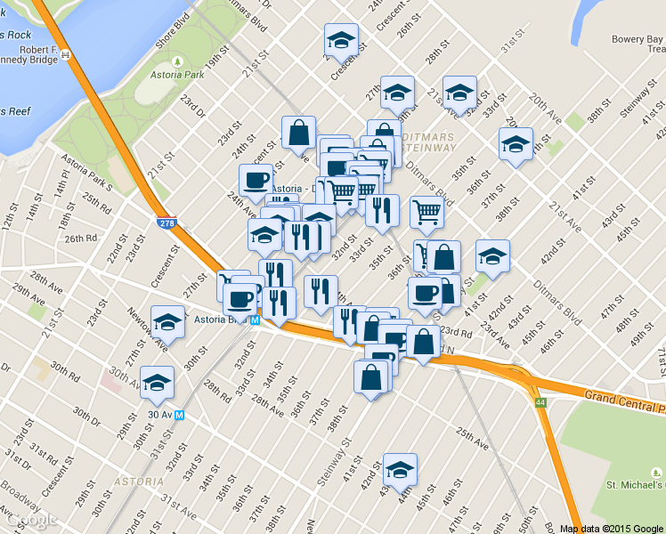 map of restaurants, bars, coffee shops, grocery stores, and more near 33-3 24th Avenue in Queens