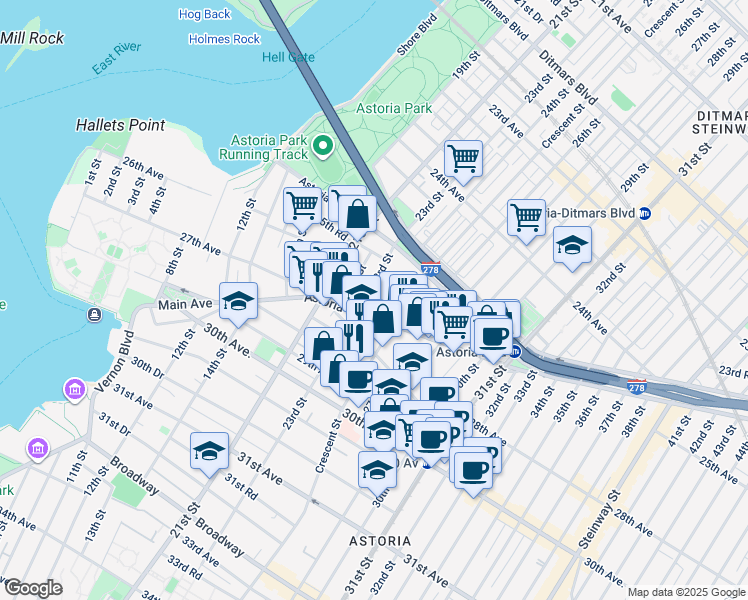 map of restaurants, bars, coffee shops, grocery stores, and more near in Queens
