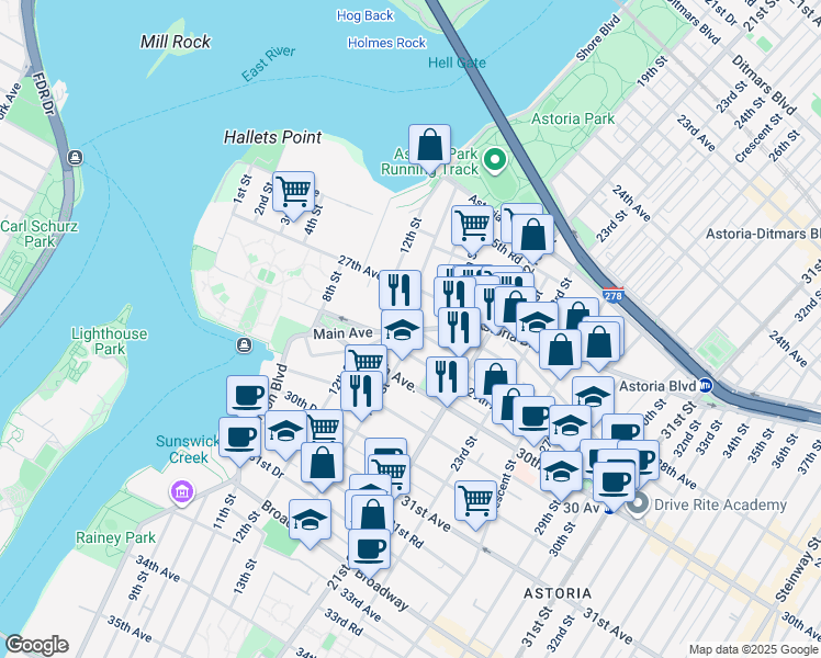 map of restaurants, bars, coffee shops, grocery stores, and more near 28-15 14th Street in Queens
