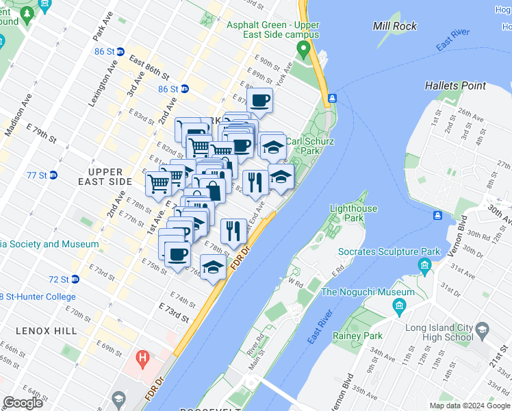 map of restaurants, bars, coffee shops, grocery stores, and more near 33 East End Avenue in New York
