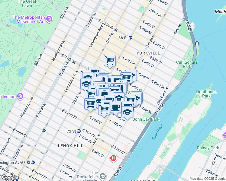 map of restaurants, bars, coffee shops, grocery stores, and more near 345 East 77th Street in New York