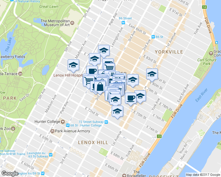 map of restaurants, bars, coffee shops, grocery stores, and more near in New York