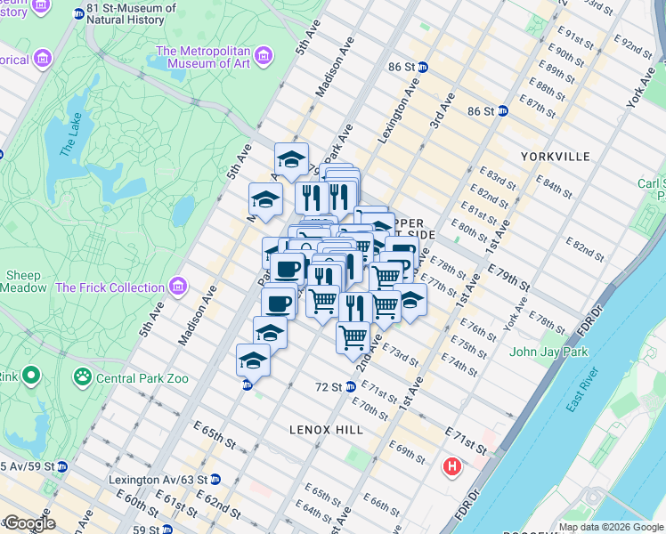 map of restaurants, bars, coffee shops, grocery stores, and more near 161 East 74th Street in New York