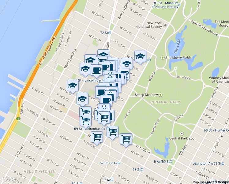 map of restaurants, bars, coffee shops, grocery stores, and more near in New York