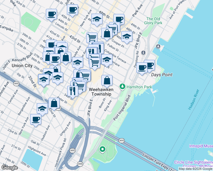 map of restaurants, bars, coffee shops, grocery stores, and more near in Weehawken Township