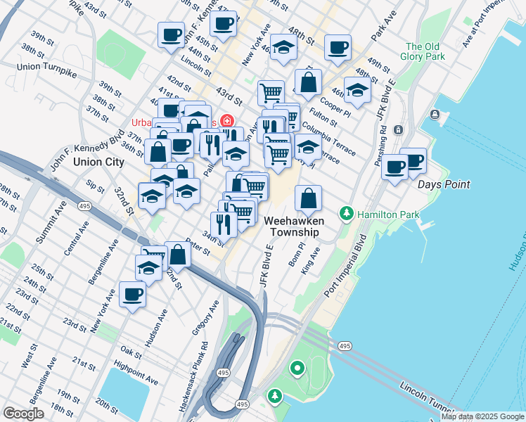 map of restaurants, bars, coffee shops, grocery stores, and more near 65 Highwood Terrace in Weehawken