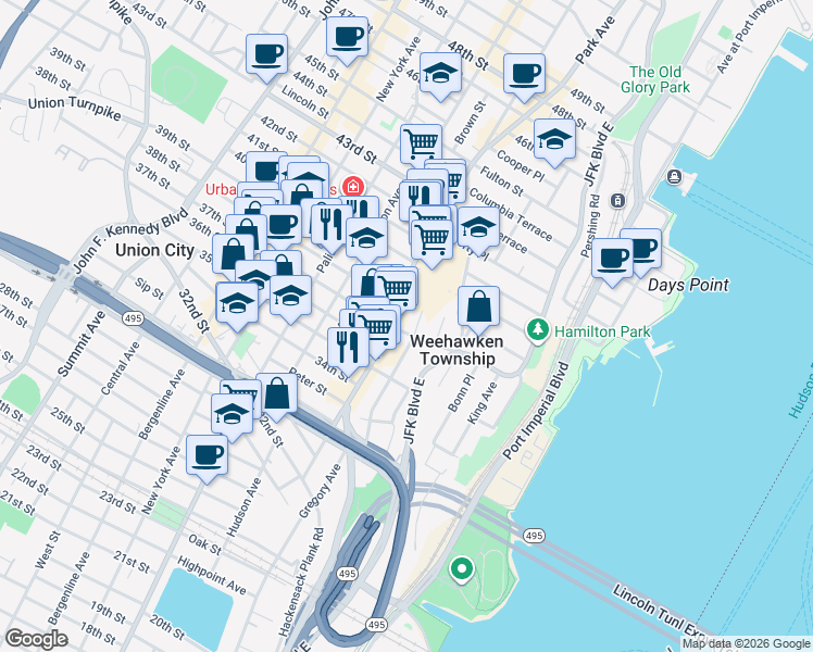 map of restaurants, bars, coffee shops, grocery stores, and more near 3516 Park Avenue in Weehawken