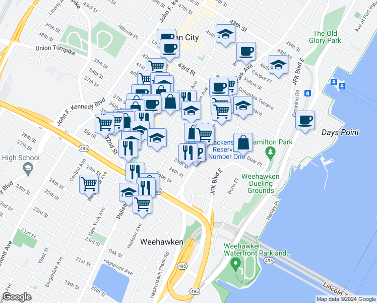 map of restaurants, bars, coffee shops, grocery stores, and more near 118 35th Street in Union City