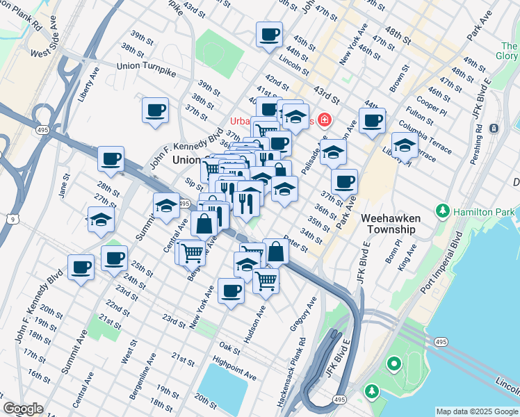 map of restaurants, bars, coffee shops, grocery stores, and more near in Union City